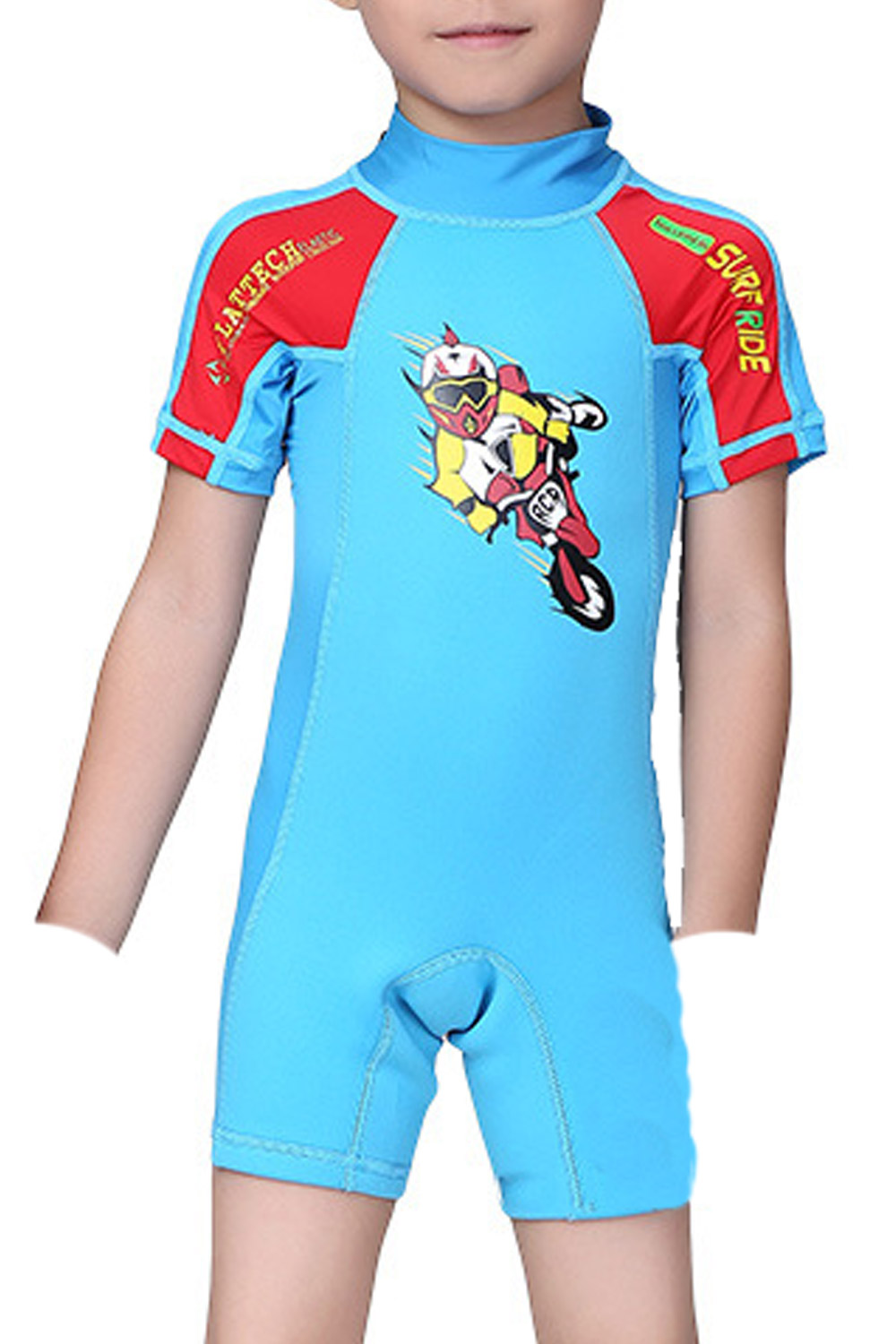 boy wearing one piece swimsuit