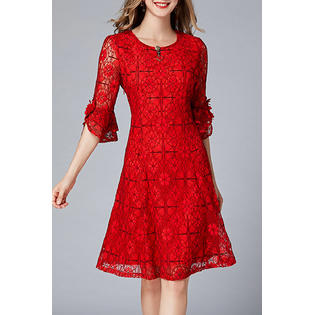 ZaraBeez Women Flower Decorated Transparent Sleeves Fit Dress, Red