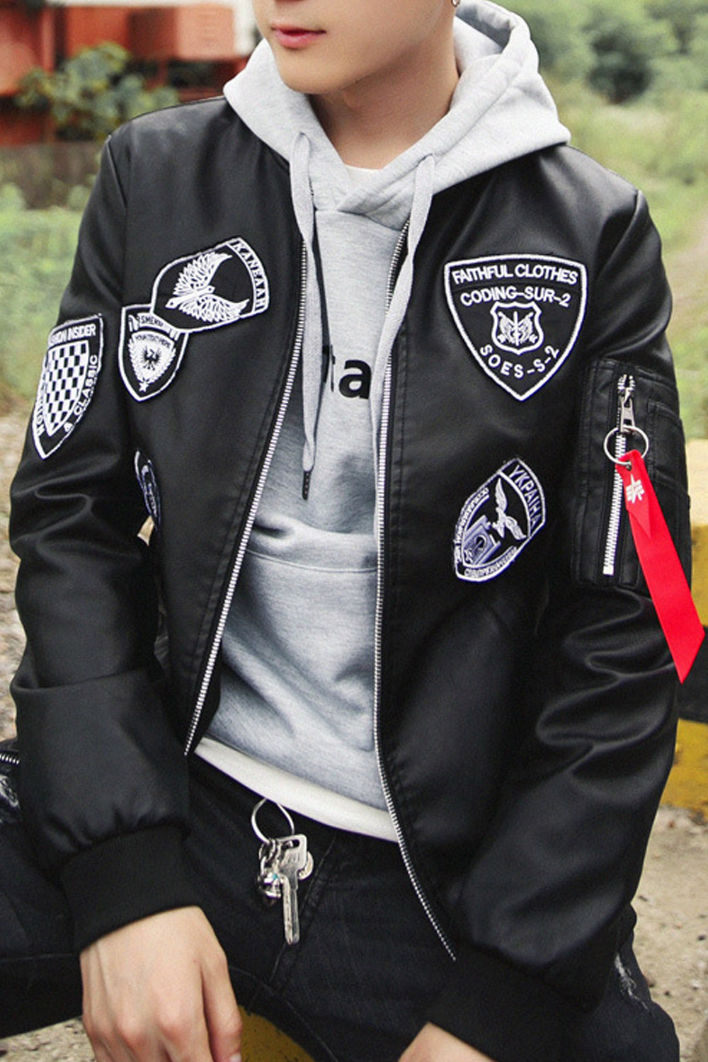 ZaraBeez Men Embroidered Logos Zip Up Leather Jacket