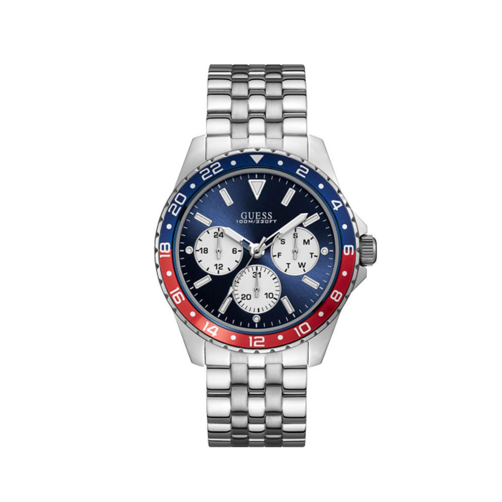 GUESS Men Silver Tone Red Blue Stainless Steel Chronograph Watch w1107G2