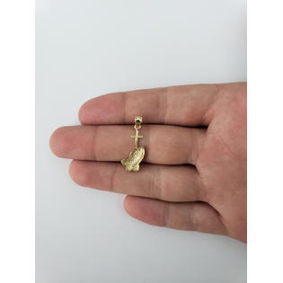 Ice On Fire Jewelry 10k Dainty Solid Gold Praying Hands Holding Cross Pendant Necklace Religious Christian And Catholic Faith Jewelry