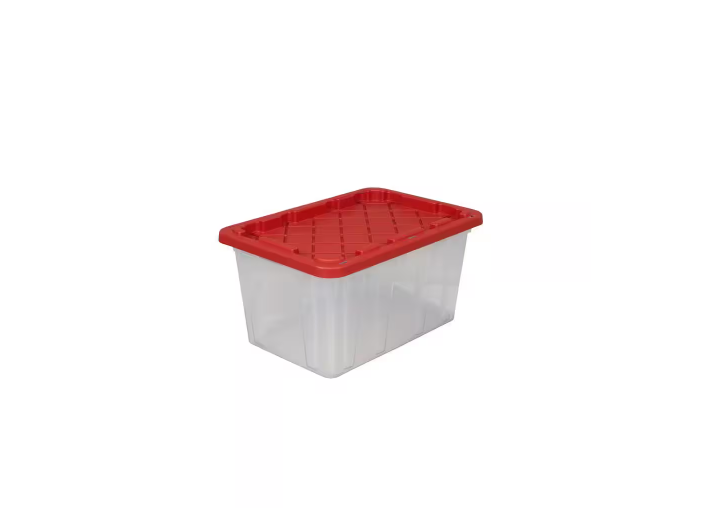 Home Depot 27 Tough Storage Tote in Clear with Red Lid HDX