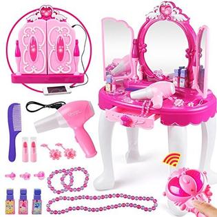 Girls Dressing Make Up Table Kids Toy Vanities Mirror Pretend Makeup Vanity Table Set