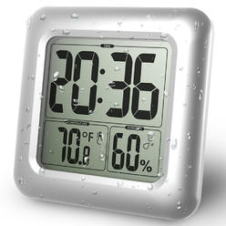 BALDR Digital Bathroom Shower Clock, Waterproof for Water Spray, Large Display, Temperature, Humidity and Moisture, Silver