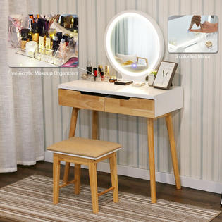 Elecwish Vanity Table Set With Touch Screen Adjustable Lighted Mirror With Cushioned Stool Round Mirror Dressing Table 2 Drawers