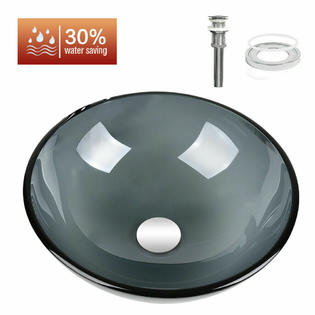 Elecwish Grey Glass Vessel Bathroom Vanity Sink Round Washing Bowl Above Counter Vanity Basin Bowl