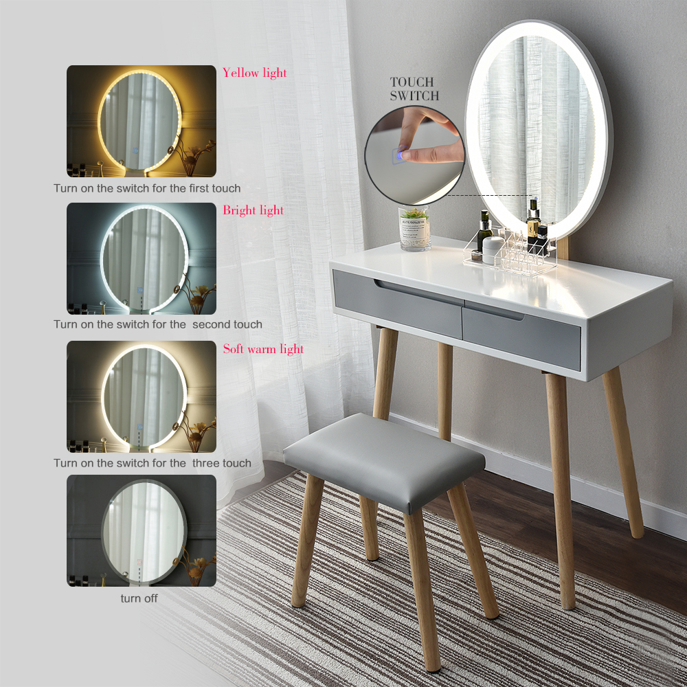 gray makeup vanity with lights