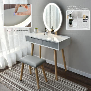 Elecwish Dressing Table Stool Set Makeup Vanity Led Mirror Organizer Drawers Wood Desk