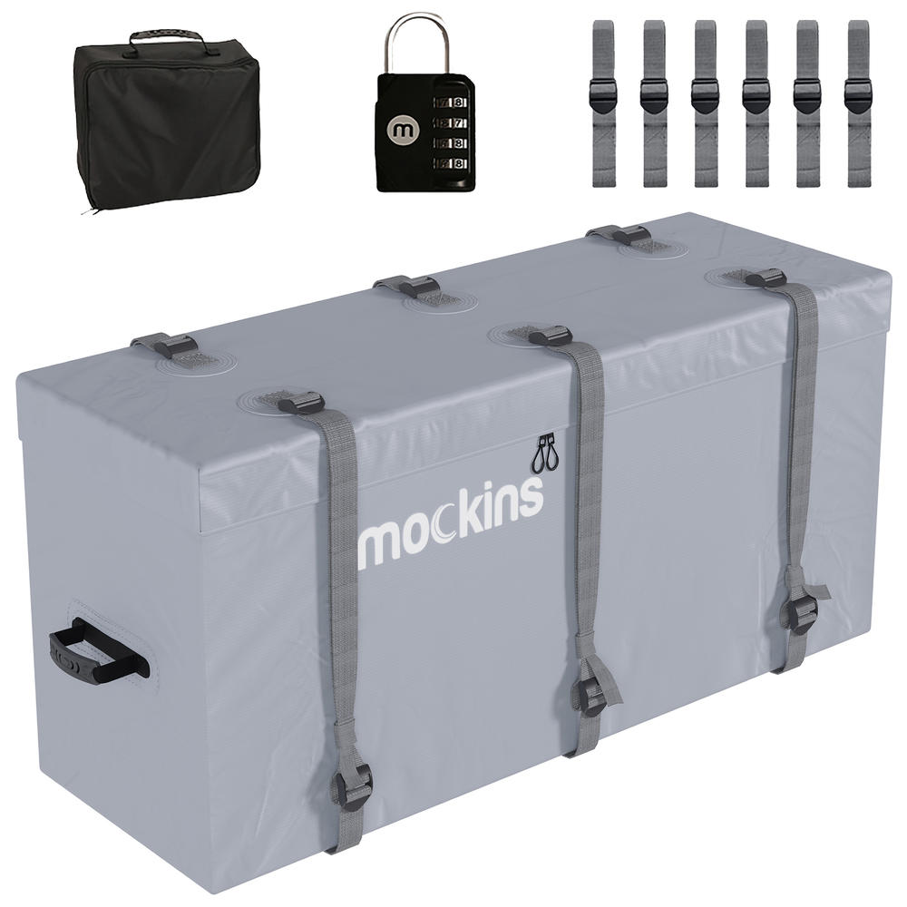 mockins 16 Cu.Ft. Hitch Mount Cargo Carrier Bag - 58"x 24" x 20" with Gray Weatherproof Cargo Bag + Carry Bag, Lock and Straps