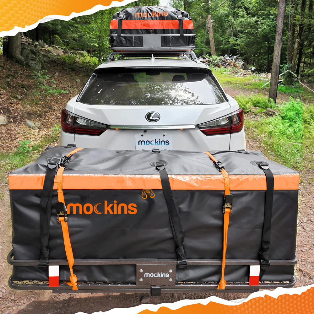 mockins Rust Proofed Foldable Hitch Basket 60"L x 20"W x 6"H and 16 Cu.Ft. Waterproof Cargo Bag - 500lb Cap. + Locks, Stabilizer and Net