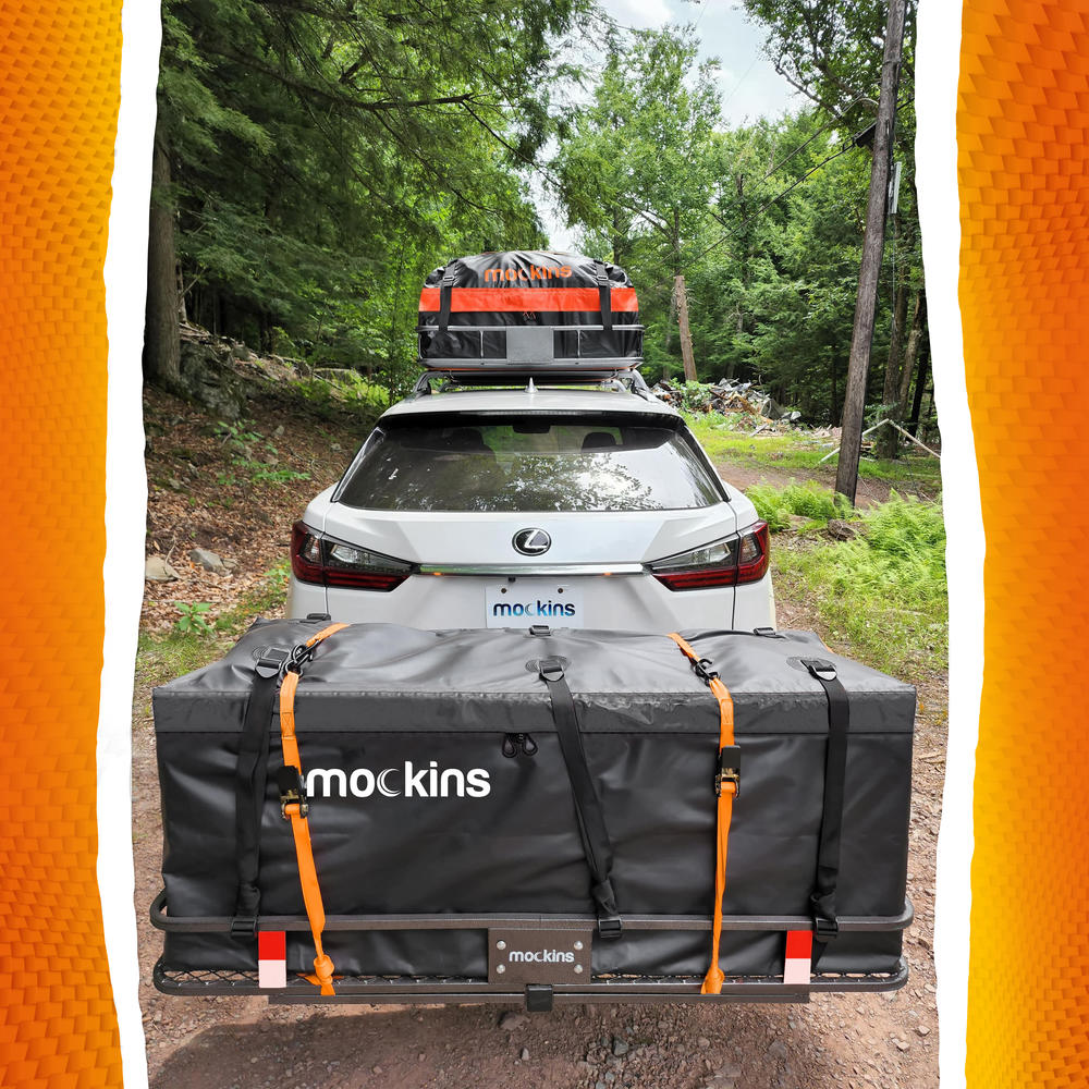 mockins Rust-Proofed Foldable Hitch Basket 60"L x 20"W x 6"H and 16 Cu.Ft. Waterproof Cargo Bag - 500 lbs Capacity and Accessories