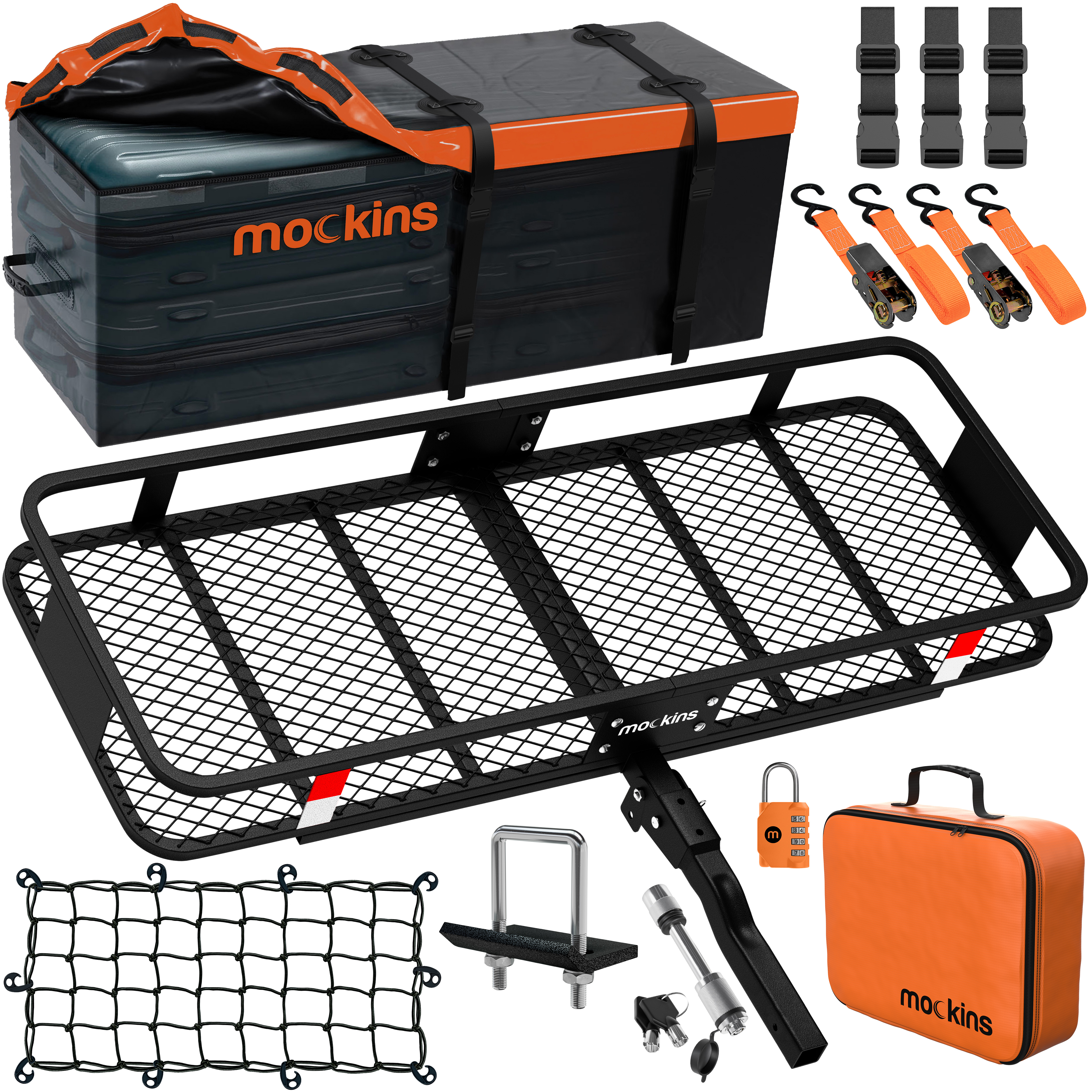 mockins Rust Proofed Foldable Hitch Basket 60"L x 20"W x 6"H and 16 Cu.Ft. Waterproof Cargo Bag - 500lb Cap. + Locks, Stabilizer and Net