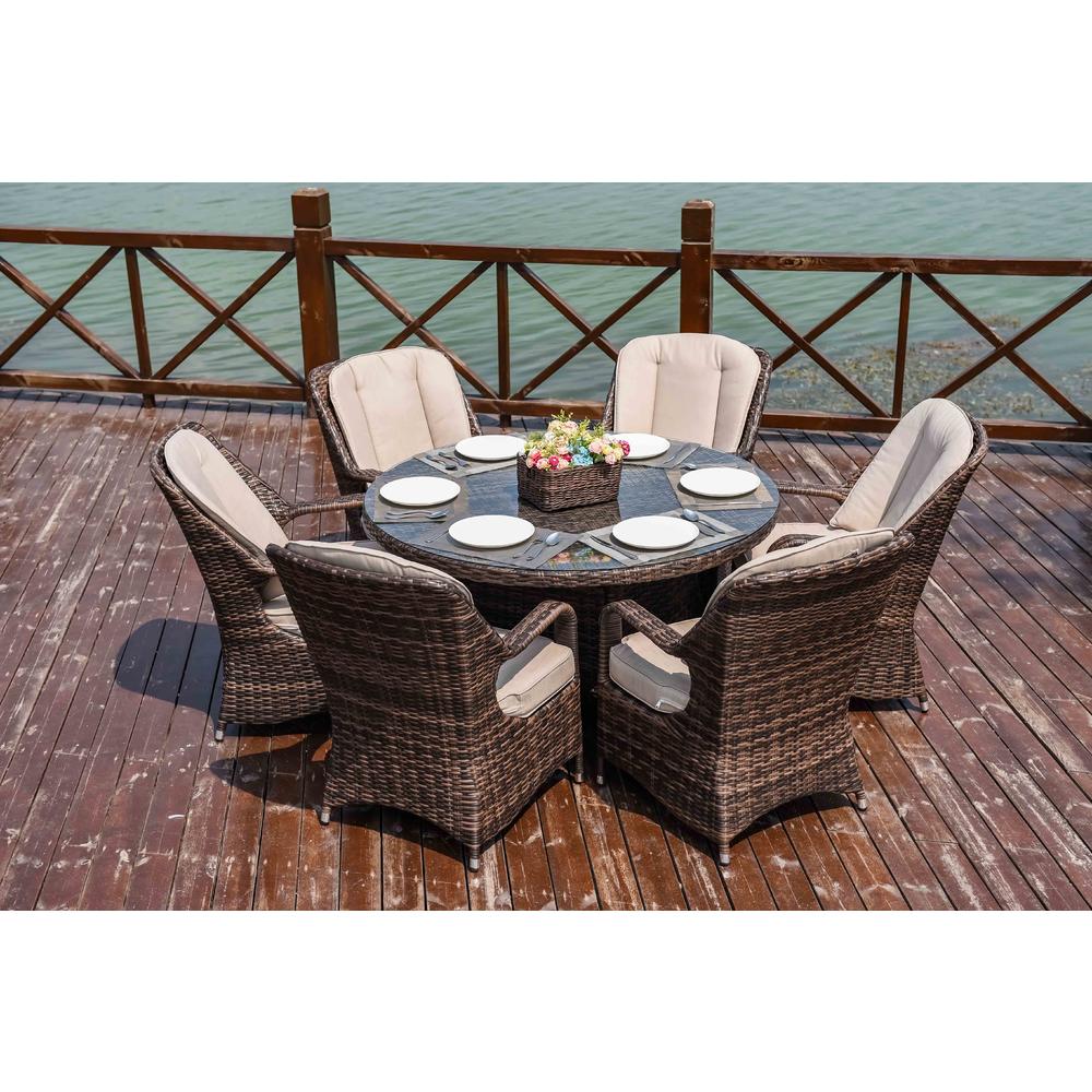 Moda Furnishings 7-Piece Patio Wicker Round Dining Table Set with Cushions