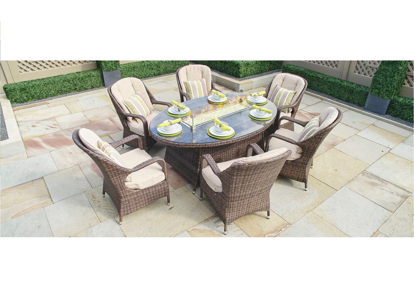 Patio Wicker Oval Table With Arm Chairs, Gas Fire Pit Table With Chairs