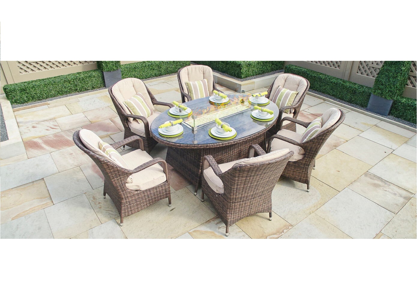 Moda Furnishings Pag 1106 Oval 7 Piece Outdoor Gas Fire Pit Set Patio Wicker Oval Table With Arm Chairs