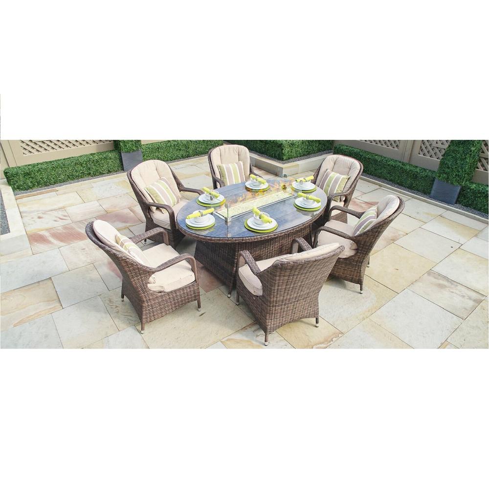 Moda Furnishings 7-Piece Outdoor Gas Fire Pit Set Patio Wicker Oval Table with Arm Chairs