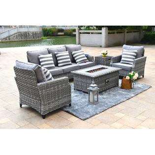 Moda Furnishings Paf 1802 5 Pieces Wicker Patio Sofa Set With Gas Fire Pit Table