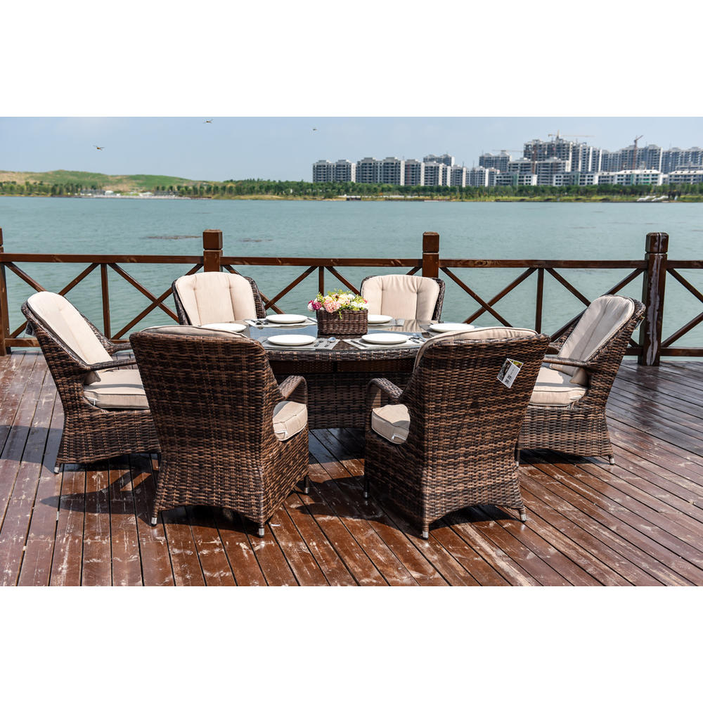 Moda Furnishings 7-Piece Patio Wicker Oval Dining Table Set with Cushions