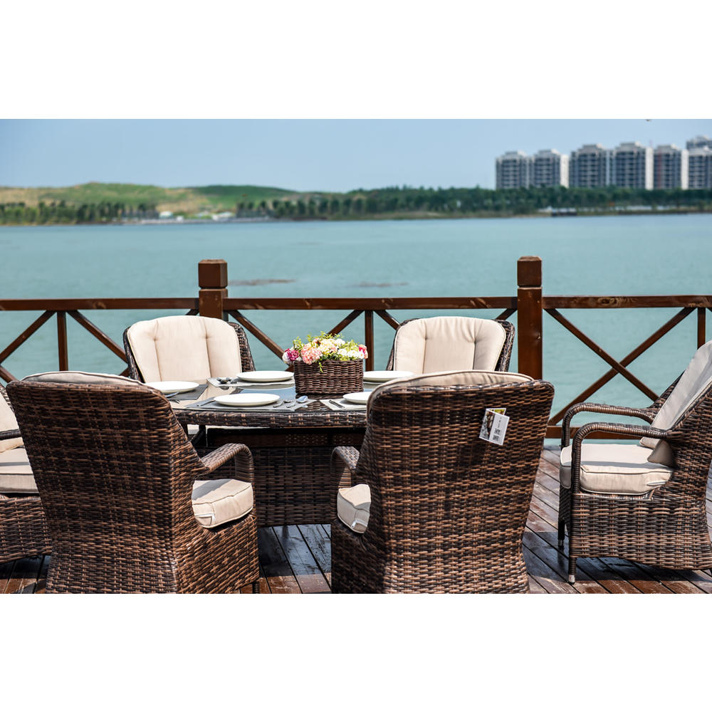 Moda Furnishings 7-Piece Patio Wicker Oval Dining Table Set with Cushions