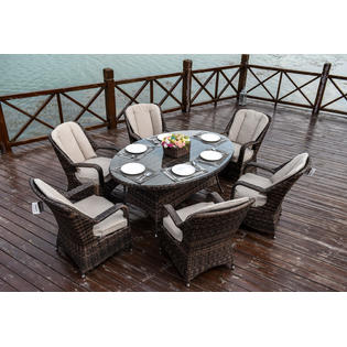 Moda Furnishings Pad 1713 Brown 7 Piece Patio Wicker Oval Dining Table Set With Cushions