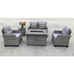Moda Furnishings 5 Pieces Wicker Patio Sofa Set With Gas Fire Pit Table for BBQ