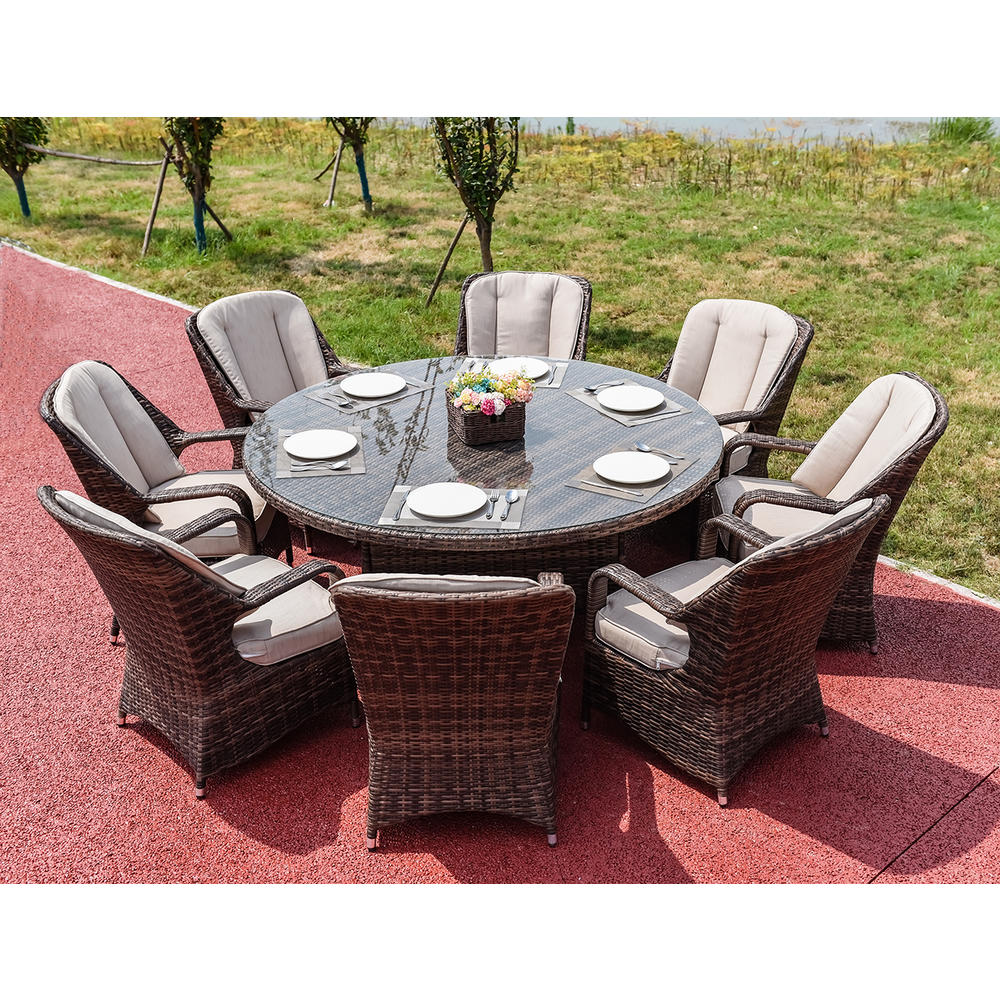 Moda Furnishings Outdoor 9 Piece Wicker Dining Set Round Table