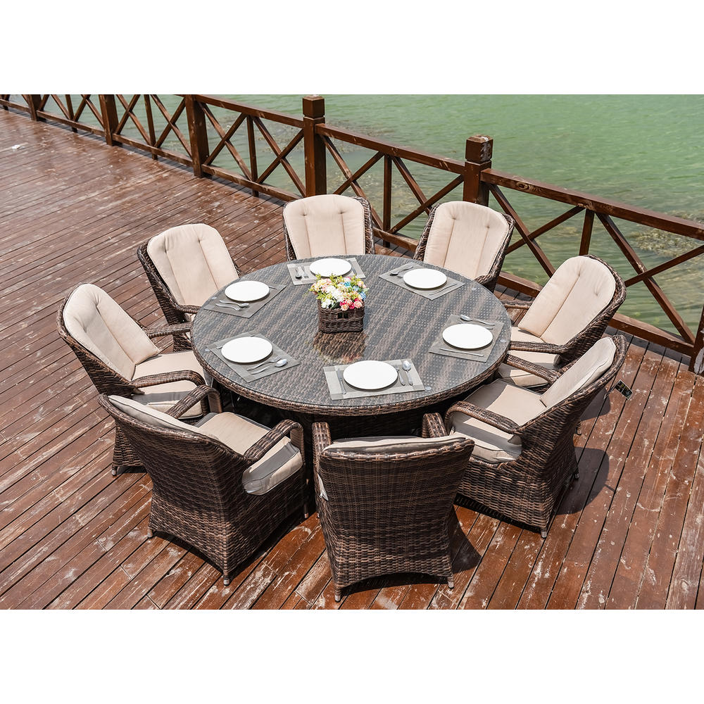 Moda Furnishings Outdoor 9Piece Wicker Dining Set Round Table 8 Chairs