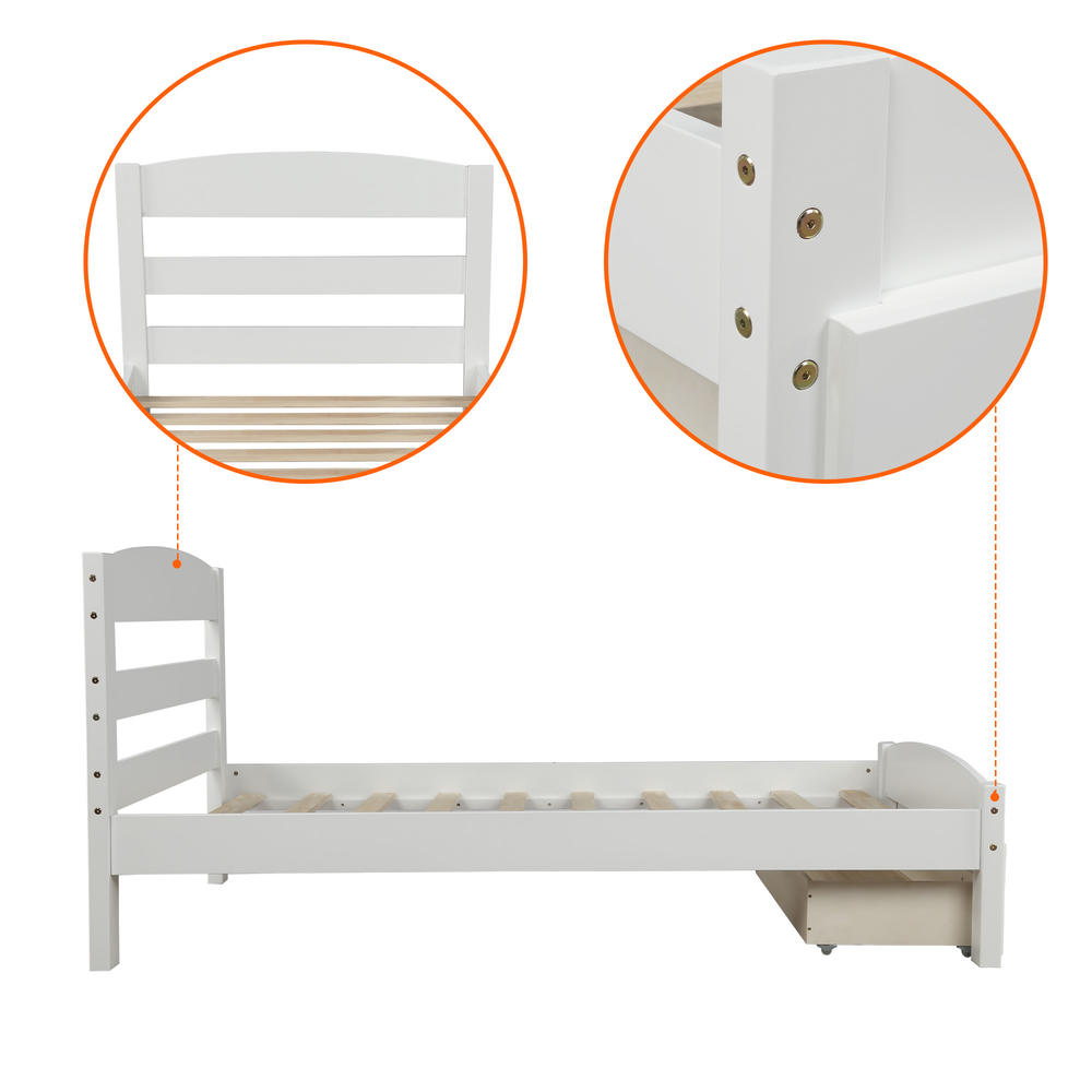 Moda Furnishings Platform Twin Bed Frame with Storage Drawer and Wood Slat Support-White
