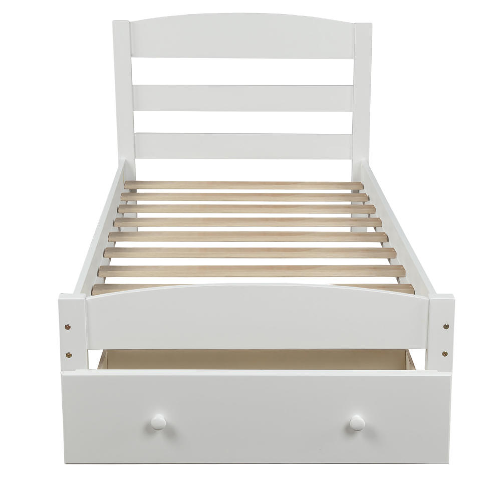 Moda Furnishings Platform Twin Bed Frame with Storage Drawer and Wood Slat Support-White