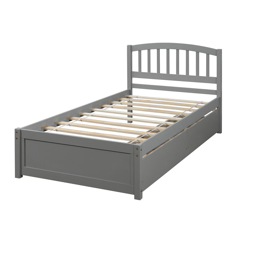 Moda Furnishings Twin Platform Storage Wood Bed with Two Drawers and Headboard-Gray
