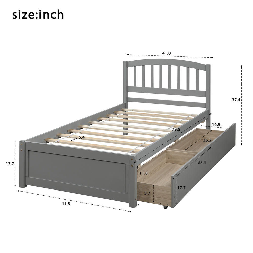 Moda Furnishings Twin Platform Storage Wood Bed with Two Drawers and Headboard-Gray