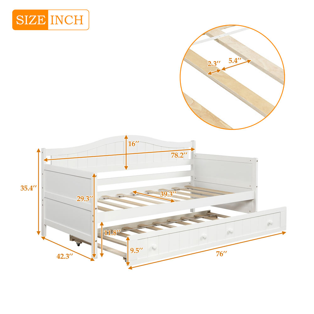 Moda Furnishings White Twin Wooden Daybed with Trundle Sofa Bed for Bedroom, Living Room