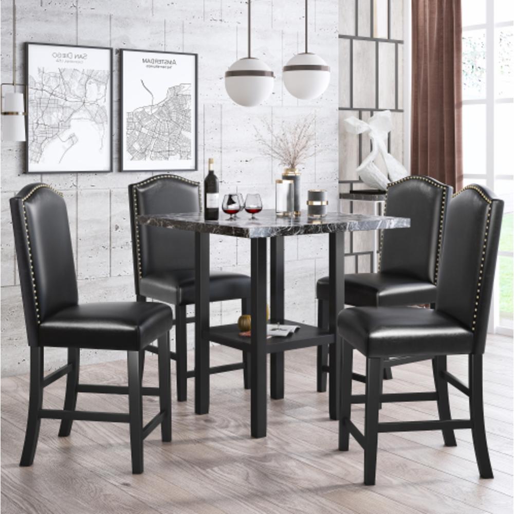 Moda Furnishings 5 Piece Dining Set with Matching Chairs and Bottom Shelf for Dining Room, Black Chair+Black Table