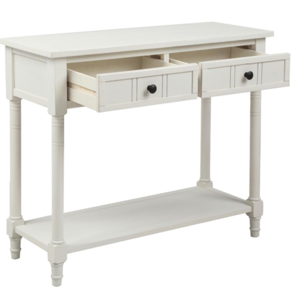 Moda Furnishings Acacia Mangium Console Table with Two Drawers and Bottom Shelf-Ivory White