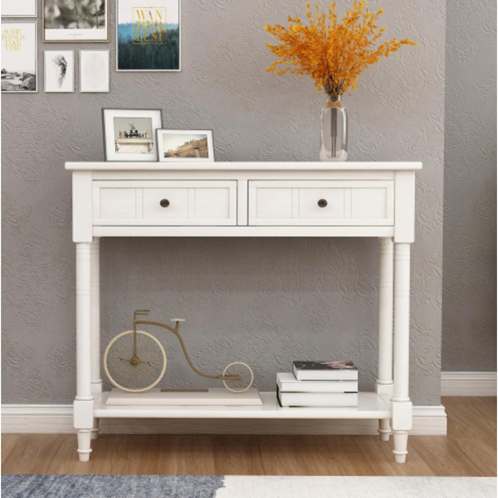 Moda Furnishings Acacia Mangium Console Table with Two Drawers and Bottom Shelf-Ivory White