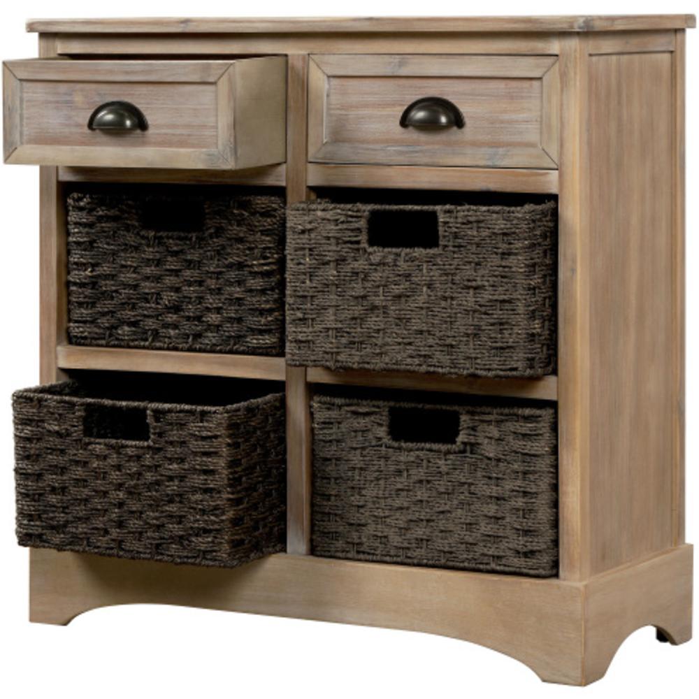 Moda Furnishings Rustic Storage Cabinet with Two Drawers and Four Classic Rattan Basket for Kitchen/Dining Room/Entryway/Living Room, Accen