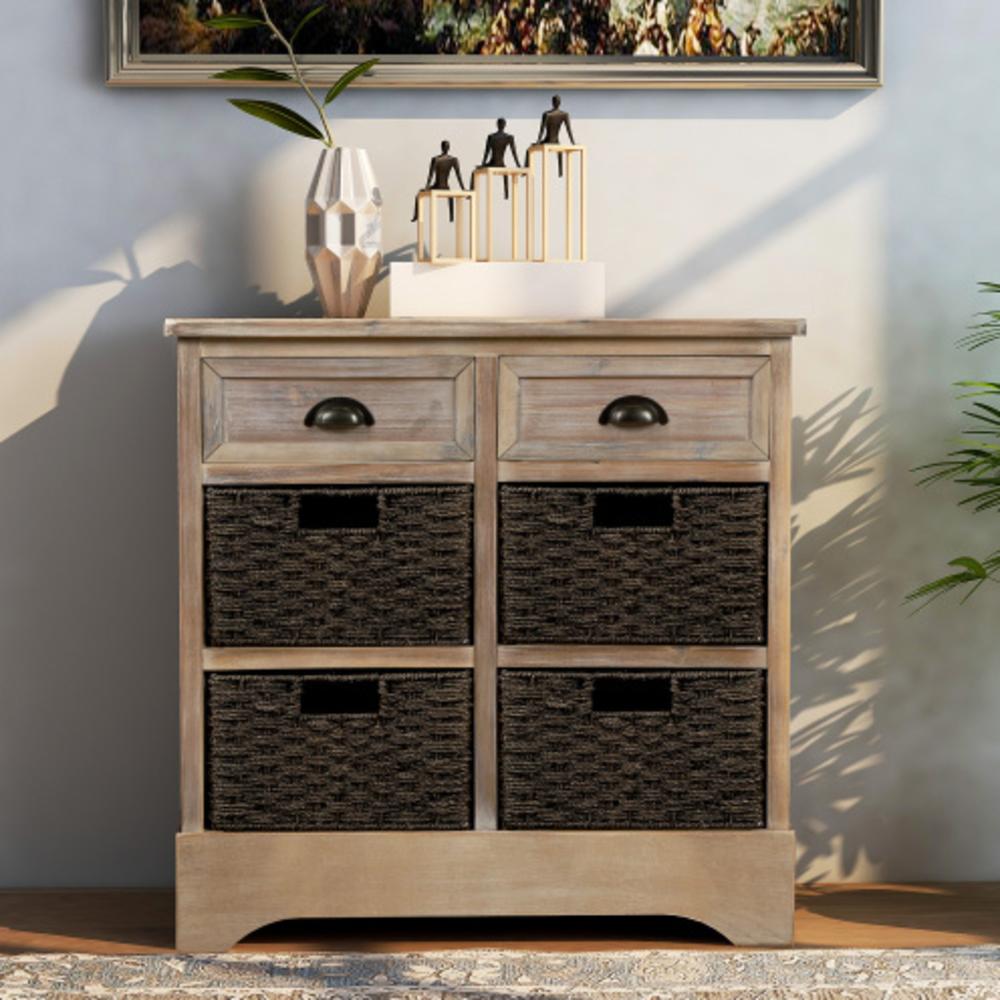 Moda Furnishings Rustic Storage Cabinet with Two Drawers and Four Classic Rattan Basket for Kitchen/Dining Room/Entryway/Living Room, Accen