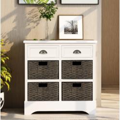 Moda Furnishings Storage Cabinet with Two Drawers and Four Classic Rattan Basket for Kitchen/Dining Room/Living Room((White)