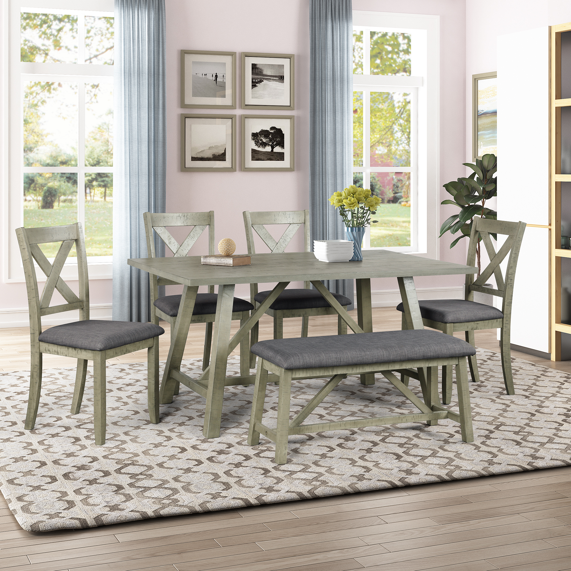 Moda Furnishings 6 Piece Dining Table, Gray Dining Room Table Set For 6