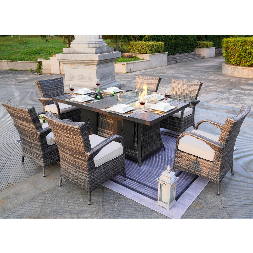 Moda Furnishing Fire&Ice Brown 7-pieces Wicker Patio Conversation Fire Pit Table Set with ice bucket and Aluminium Table Top