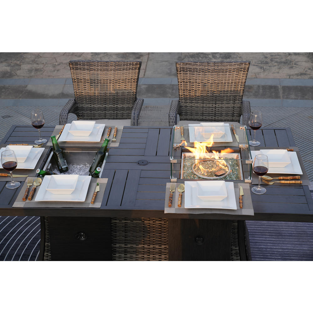 Moda Furnishing Fire&Ice Brown 7-pieces Wicker Patio Conversation Fire Pit Table Set with ice bucket and Aluminium Table Top