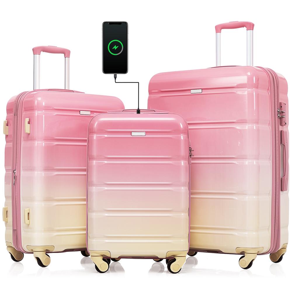Moda Furnishings Luggage Set Of 3 Spinner Suitcase Set with Usb Port and Cup Holder