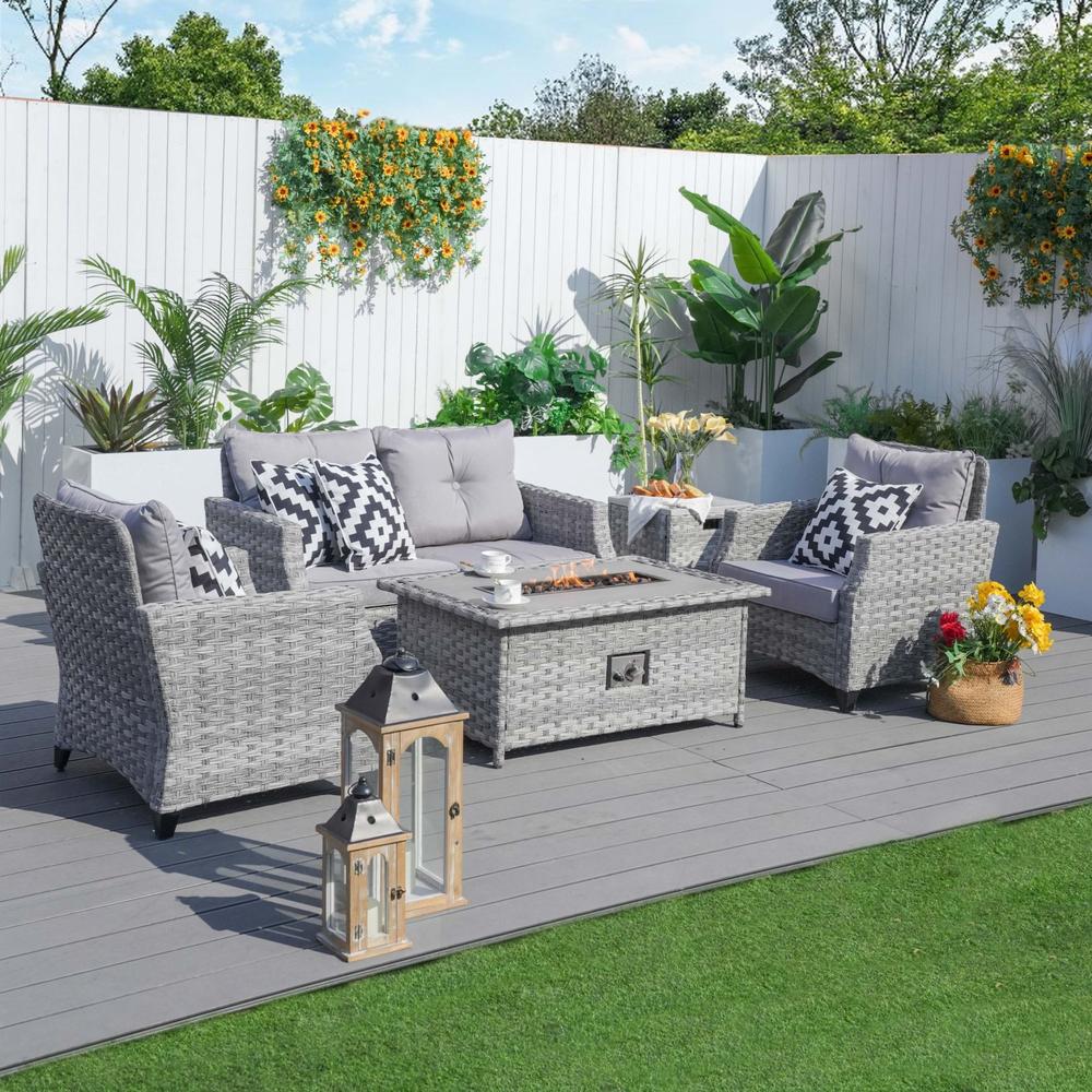 Moda Furnishings 5Piece Wicker Patio Conversation Set with Low Firepit
