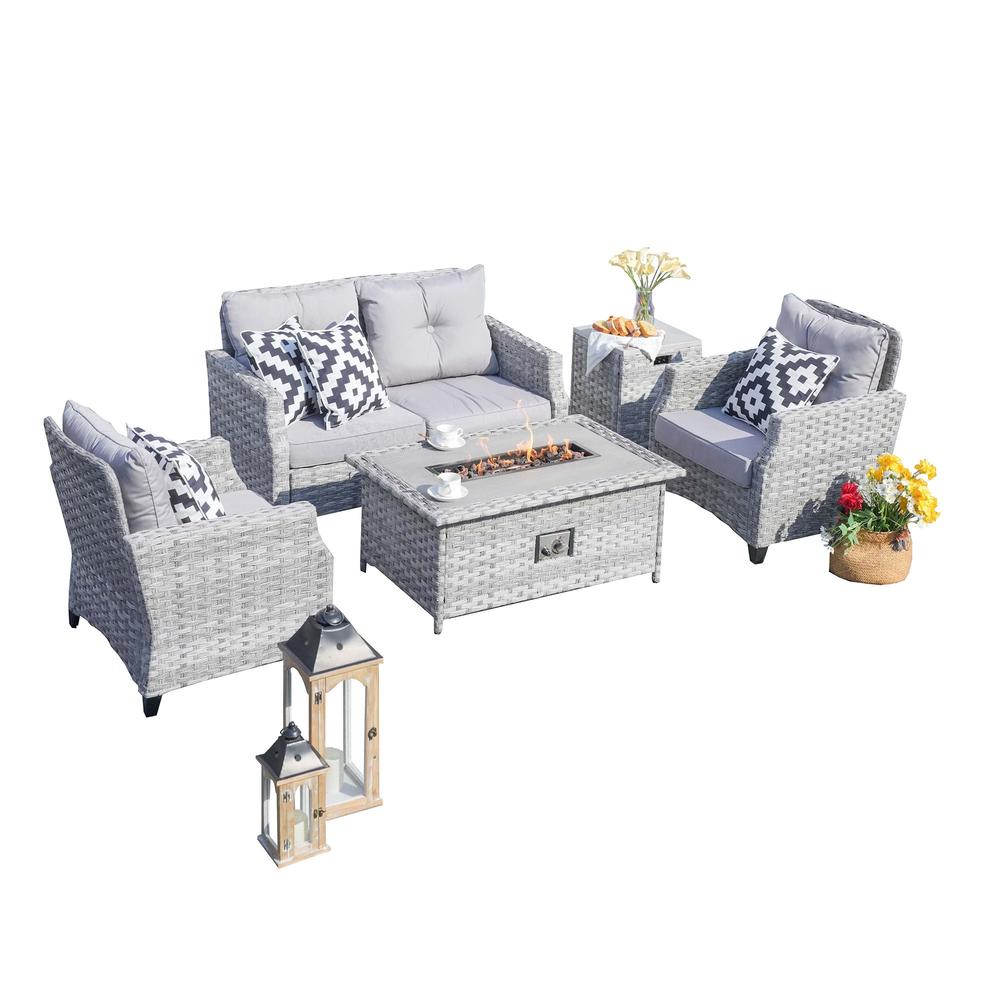 Moda Furnishings 5Piece Wicker Patio Conversation Set with Low Firepit