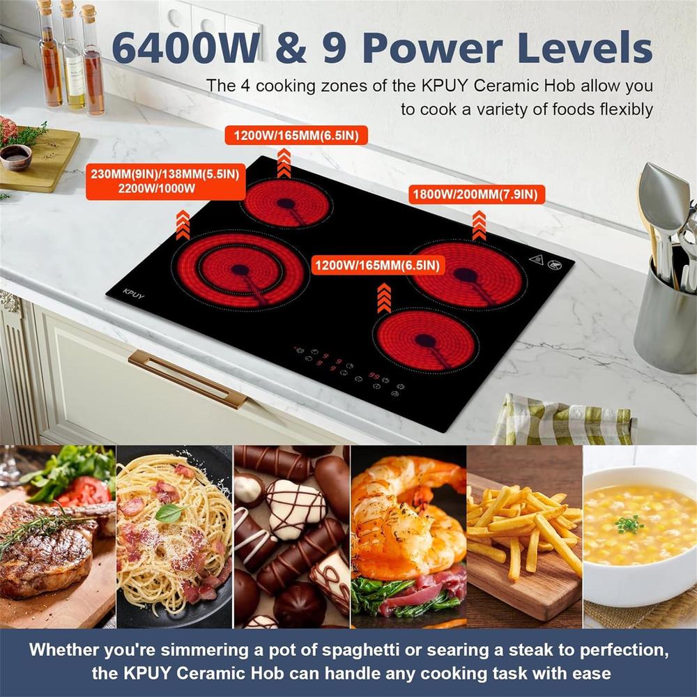 Moda Furnishings 24" Built-in 4 Burner Electric Cooktop, Hard Wire Ceramic Countertop Burner Touch Control With 9 Power Levels