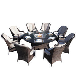 Moda Furnishings 9-Piece Outdoor Wicker Gas Fire Pit Set Patio Round Table with Chairs