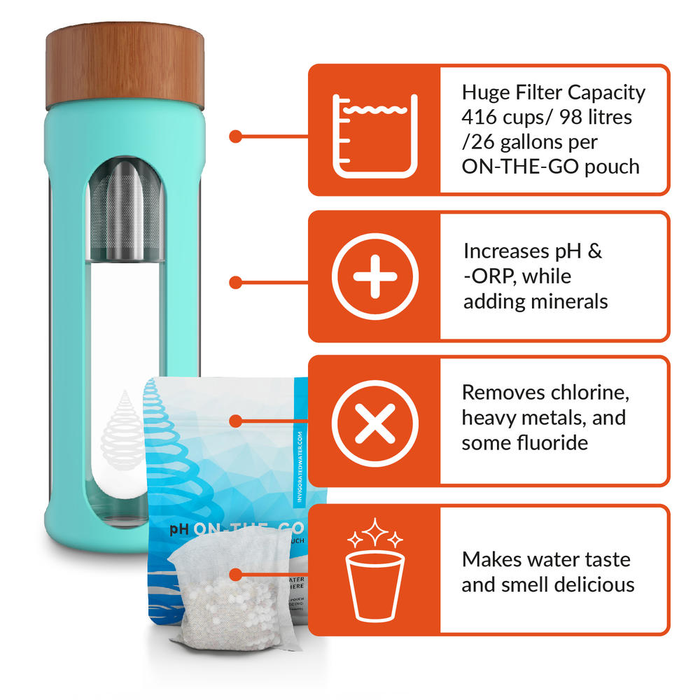 Invigorated Water pH HYDRATE 580 Single Wall Glass Alkaline Water Filter Bottle - Portable Alkaline Water Filter Ionizer - Filtered Water Bottle