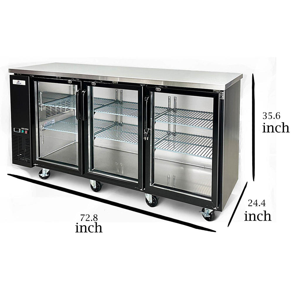 Cooler Depot 72 in. W 19.6 cu. Ft. Commercial Under Back Bar Cooler Refrigerator with Glass Doors in Stainless Steel with Black