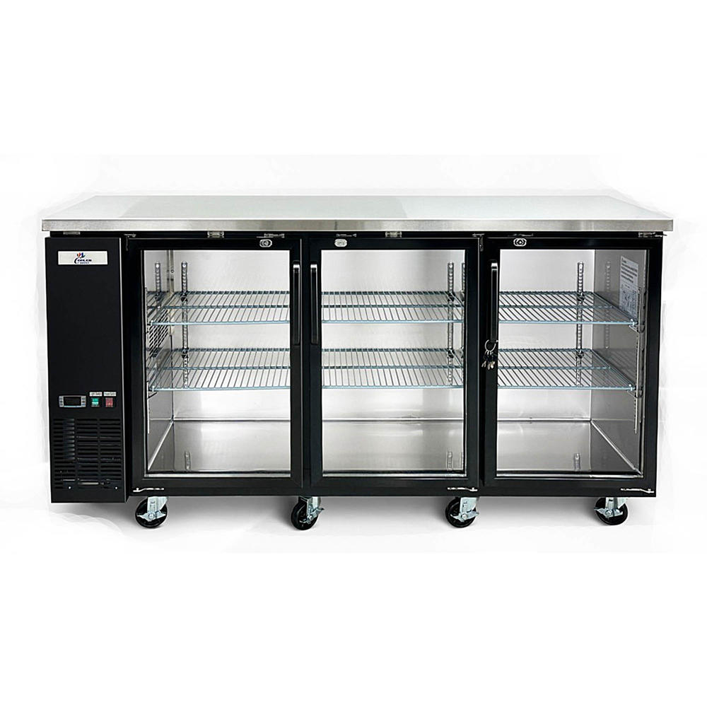 Cooler Depot 72 in. W 19.6 cu. Ft. Commercial Under Back Bar Cooler Refrigerator with Glass Doors in Stainless Steel with Black