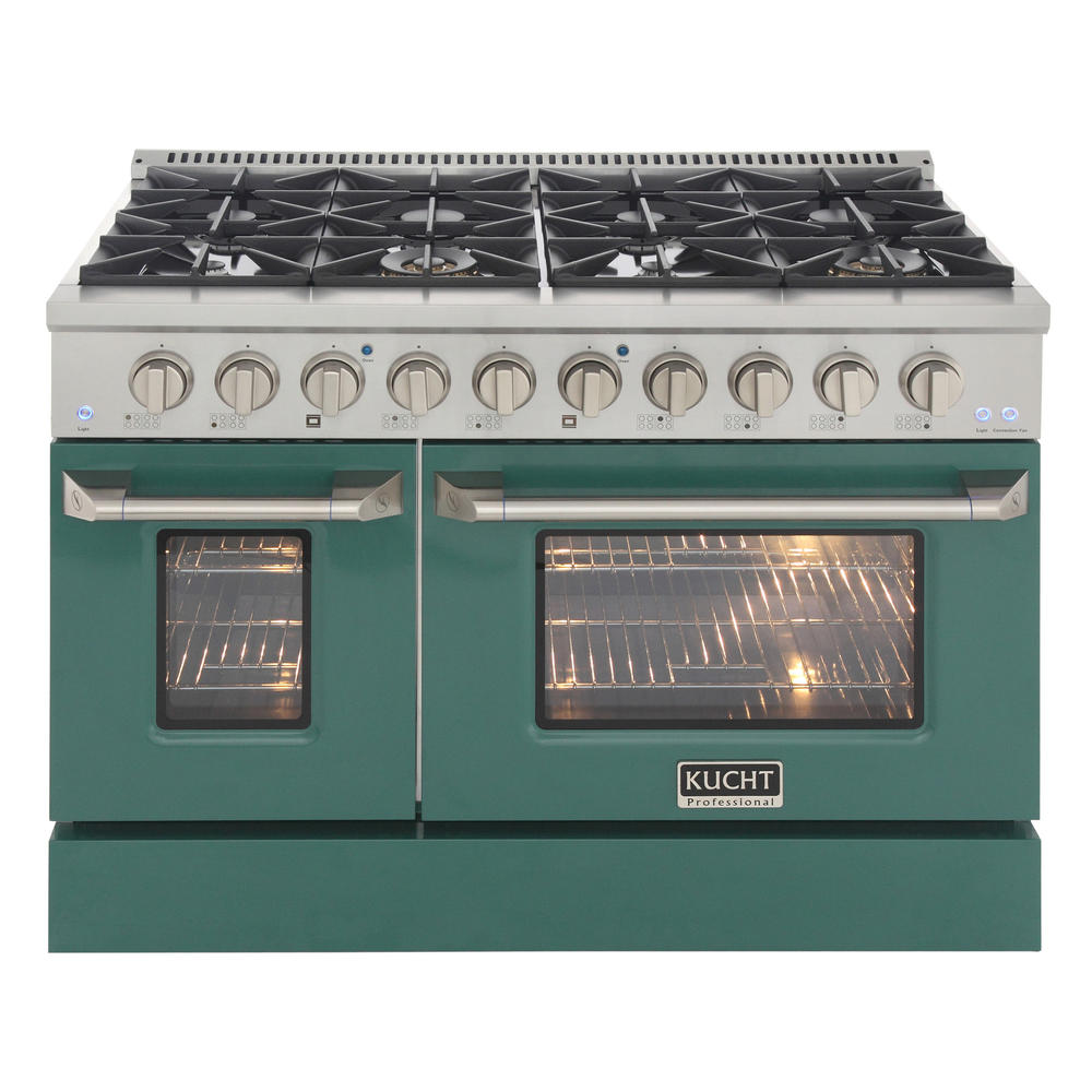 KUCHT Professional 48 in. 6.7 cu. ft. Natural Gas Range with Sealed Burners, Griddle/Grill and Two Ovens with Green Oven Door